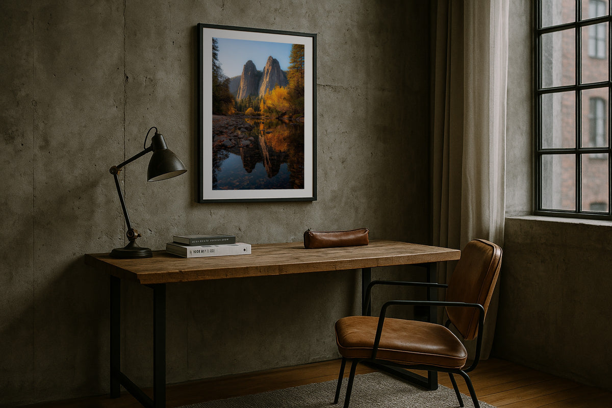 Cathedral Rocks wall art print, framed with a white border, in a tropical sunken lounge