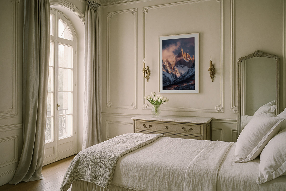 Cerro Torre Alpenglow wall art print, framed with a white border, in a curved sofa sconces