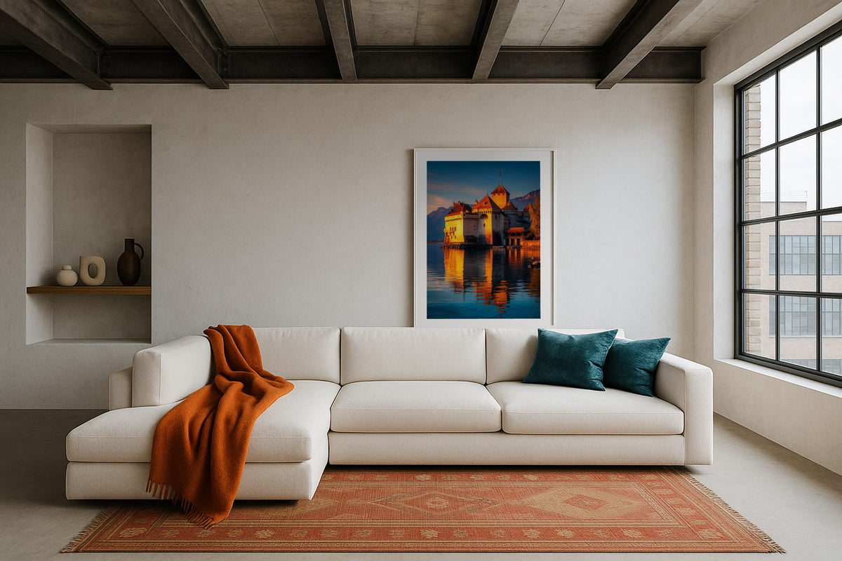 Château de Chillon wall art print, framed with a white border, in a loft cream sectional