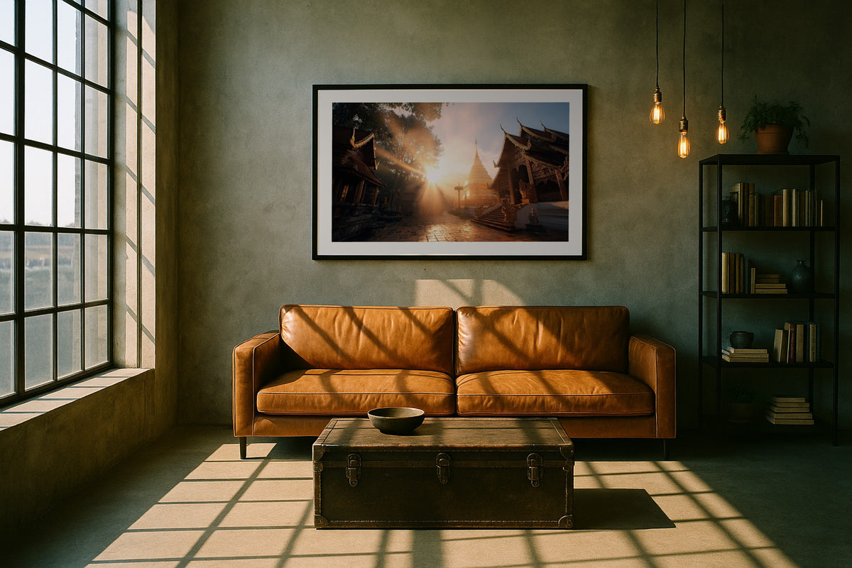 Doi Suthep wall art print, framed with a white border, in a loft leather sofa
