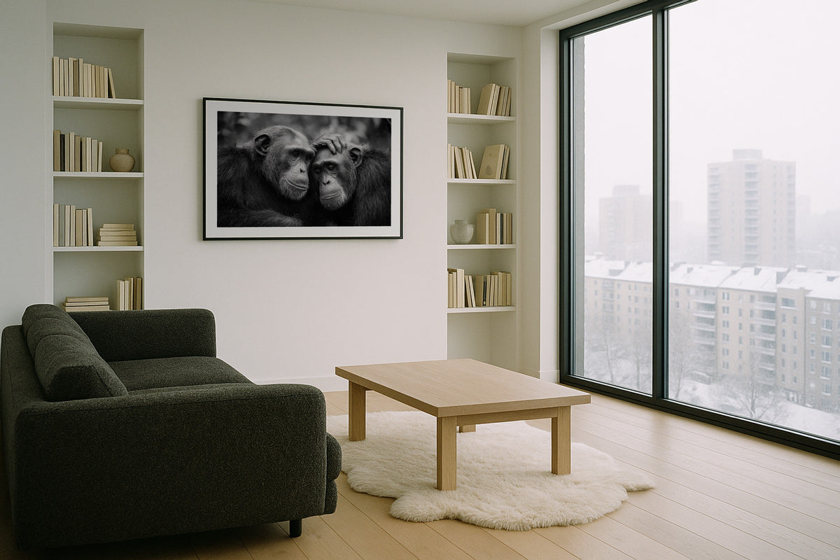 Chimpanzee Connection wall art print, framed with a white border, in a grey city window