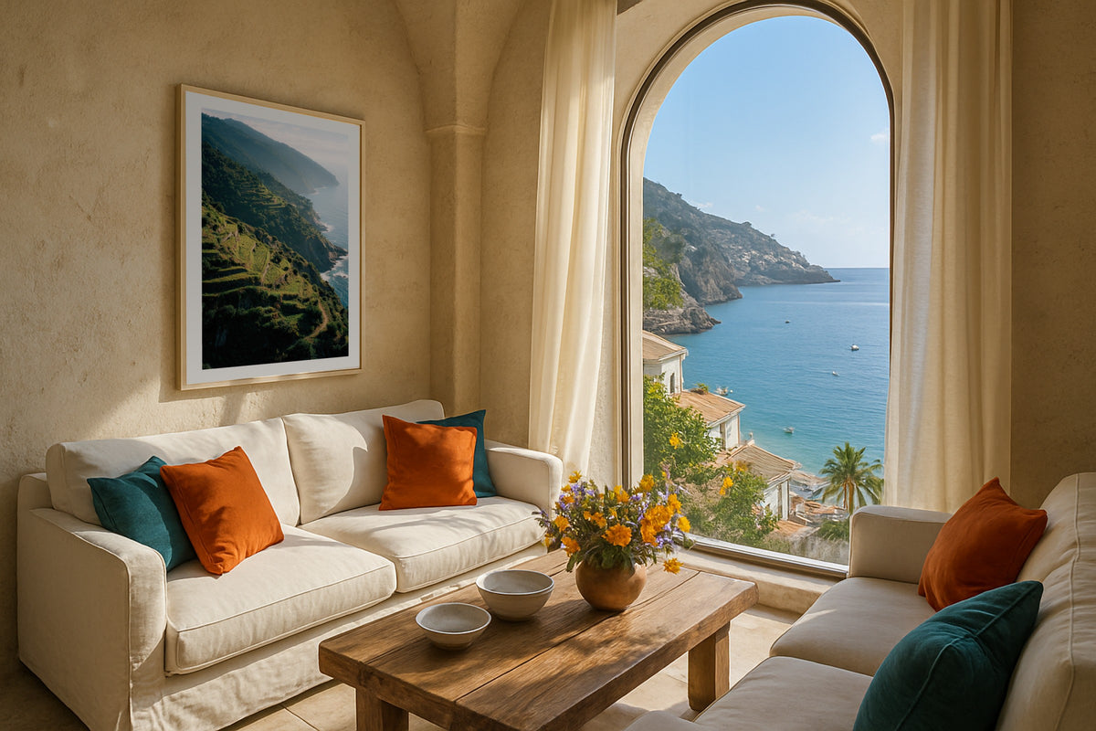 Cinque Terre Vineyards wall art print, framed with a white border, in a Amalfi arched window