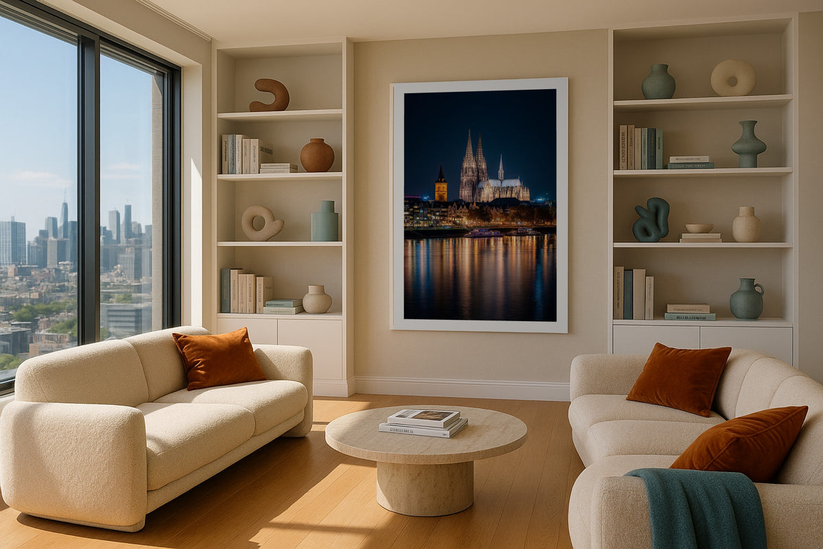 Cologne Cathedral wall art print, framed with a white border, in a cream minimal sofa