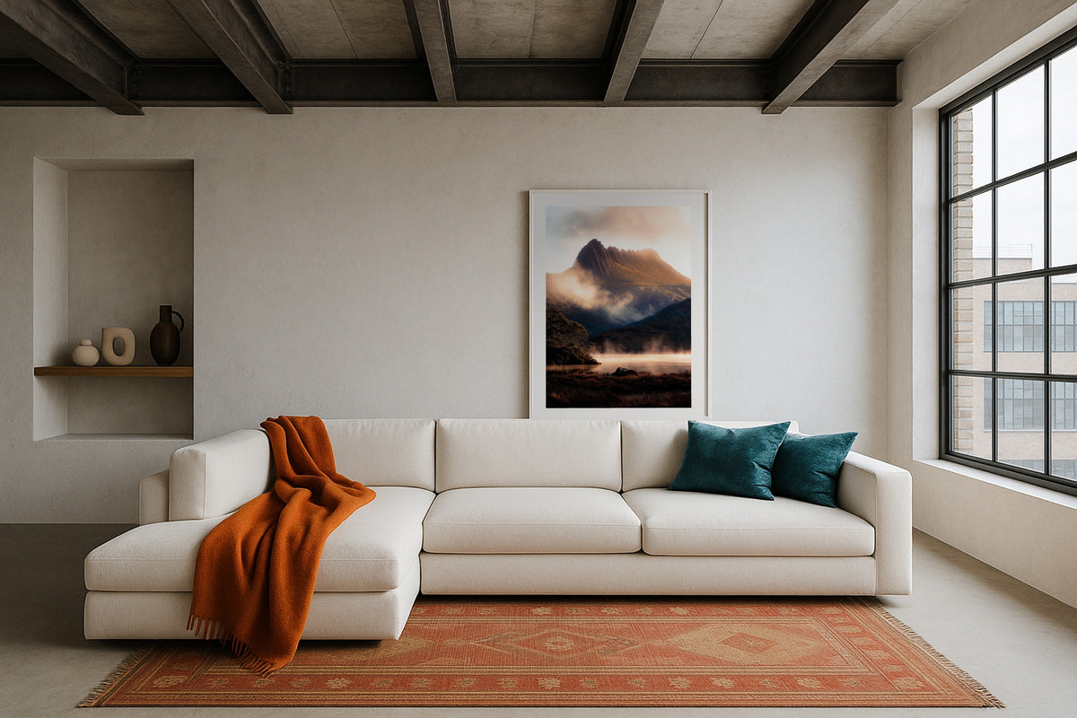 Cradle Mountain & Dove Lake wall art print, framed with a white border, in a curved sofa sconces