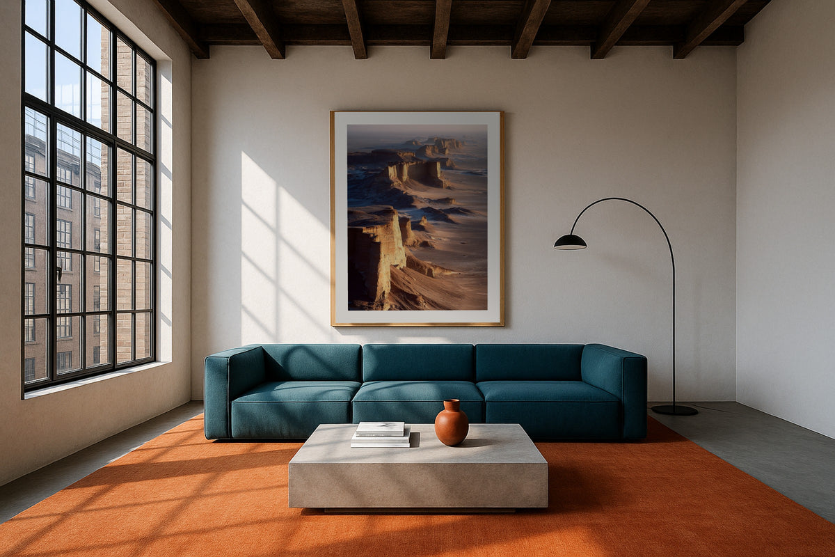 The Kaluts wall art print, framed with a white border, in a desert canyon bedroom