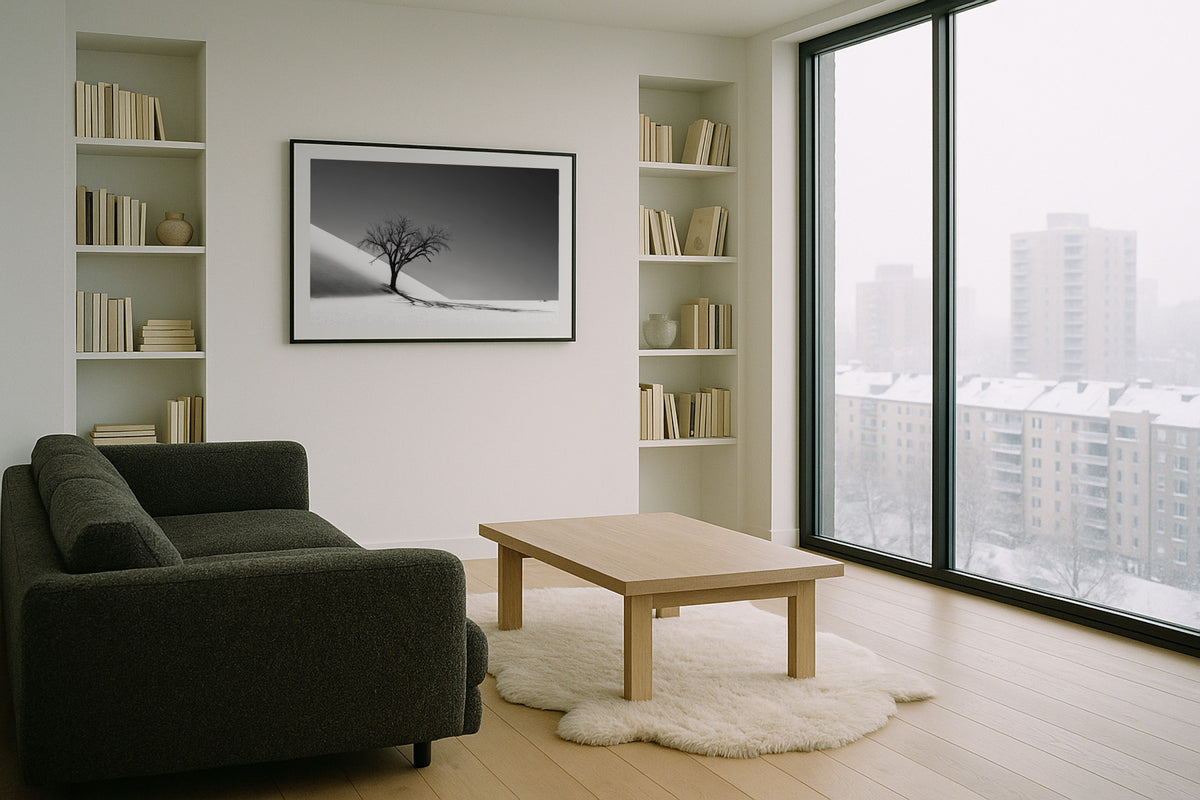 Camelthorn in Monochrome wall art print, framed with a white border, in a Paris white bedroom