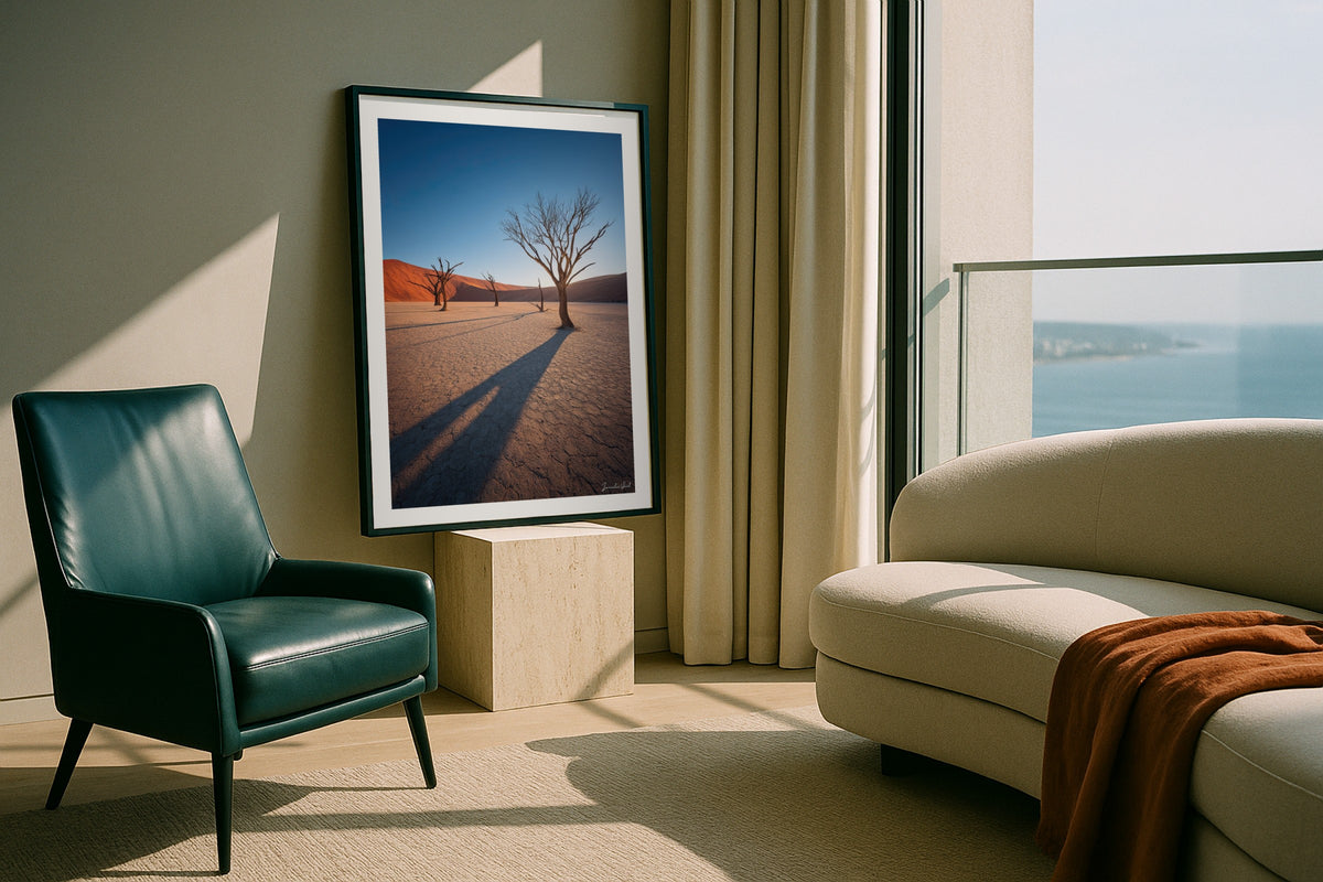 Deadvlei Dead Trees wall art print, framed with a white border, in a desert canyon bedroom