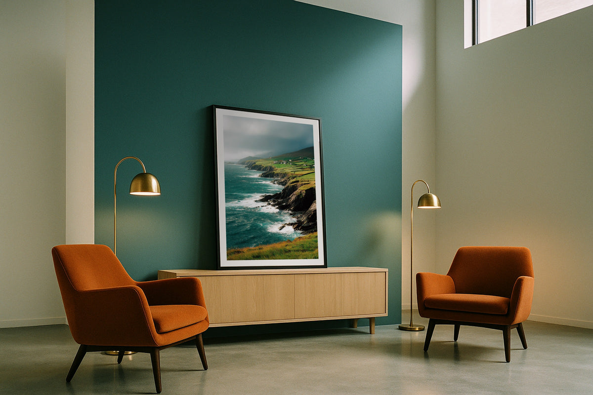 Dingle Peninsula wall art print, framed with a white border, in a window seat lamp
