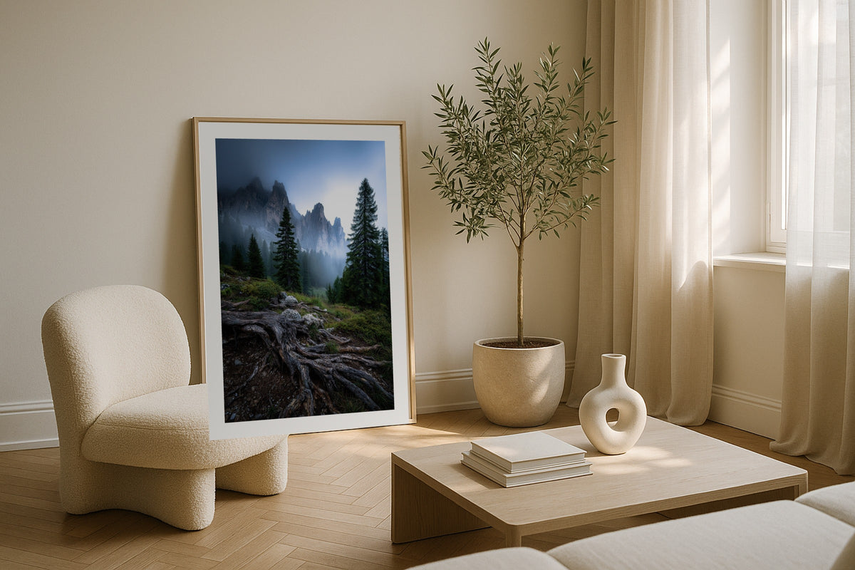 Misty Forest Roots wall art print, framed with a white border, in a leaning boucle olive tree