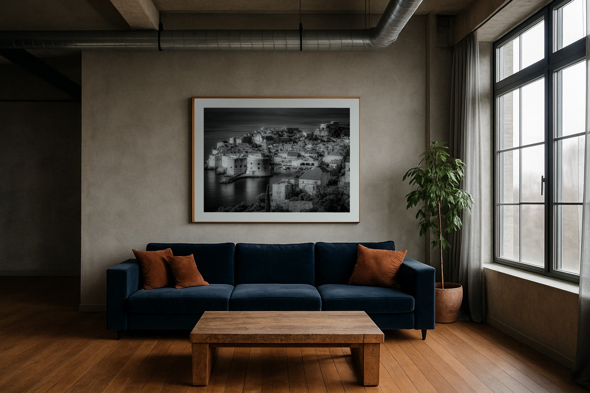 Dubrovnik Old Town wall art print, framed with a white border, in a NYC Empire State bedroom