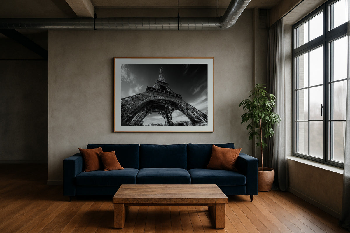 Eiffel Tower, Black & White wall art print, framed with a white border, in a Paris Eiffel view