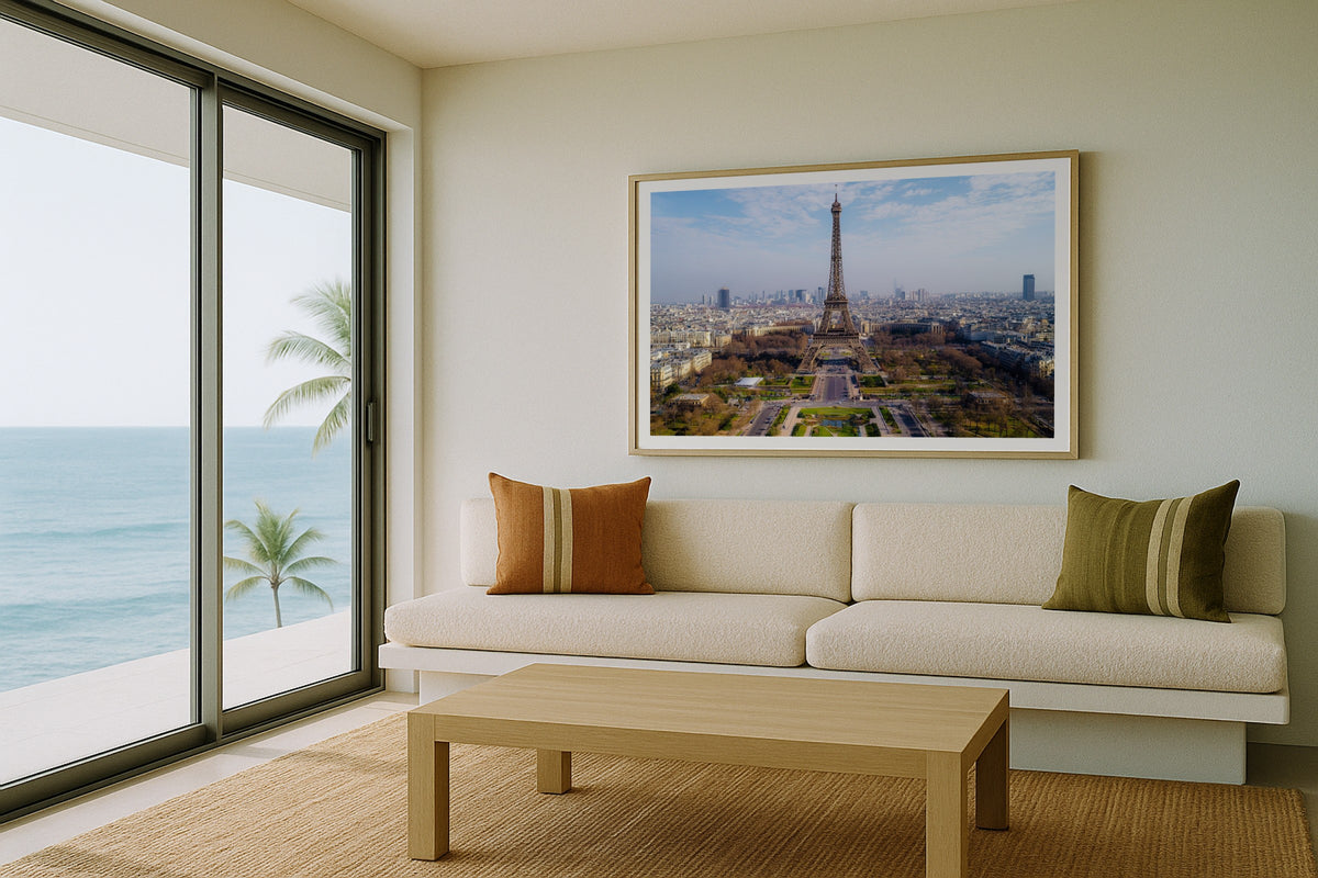 The Eiffel Tower III wall art print, framed with a white border, in a Paris panelled office