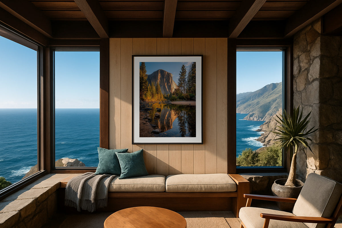 El Capitan Reflected wall art print, framed with a white border, in a lake view armchair
