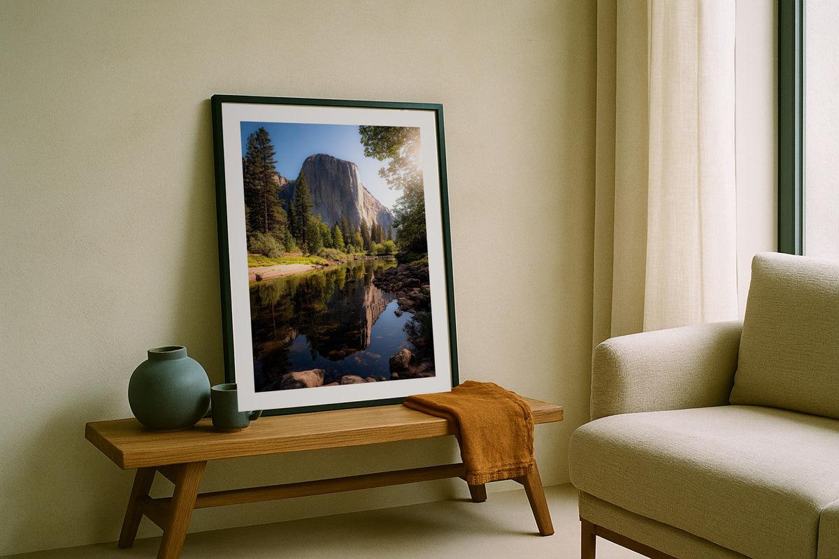 El Capitan in Summer wall art print, framed with a white border, in a leaning on bench