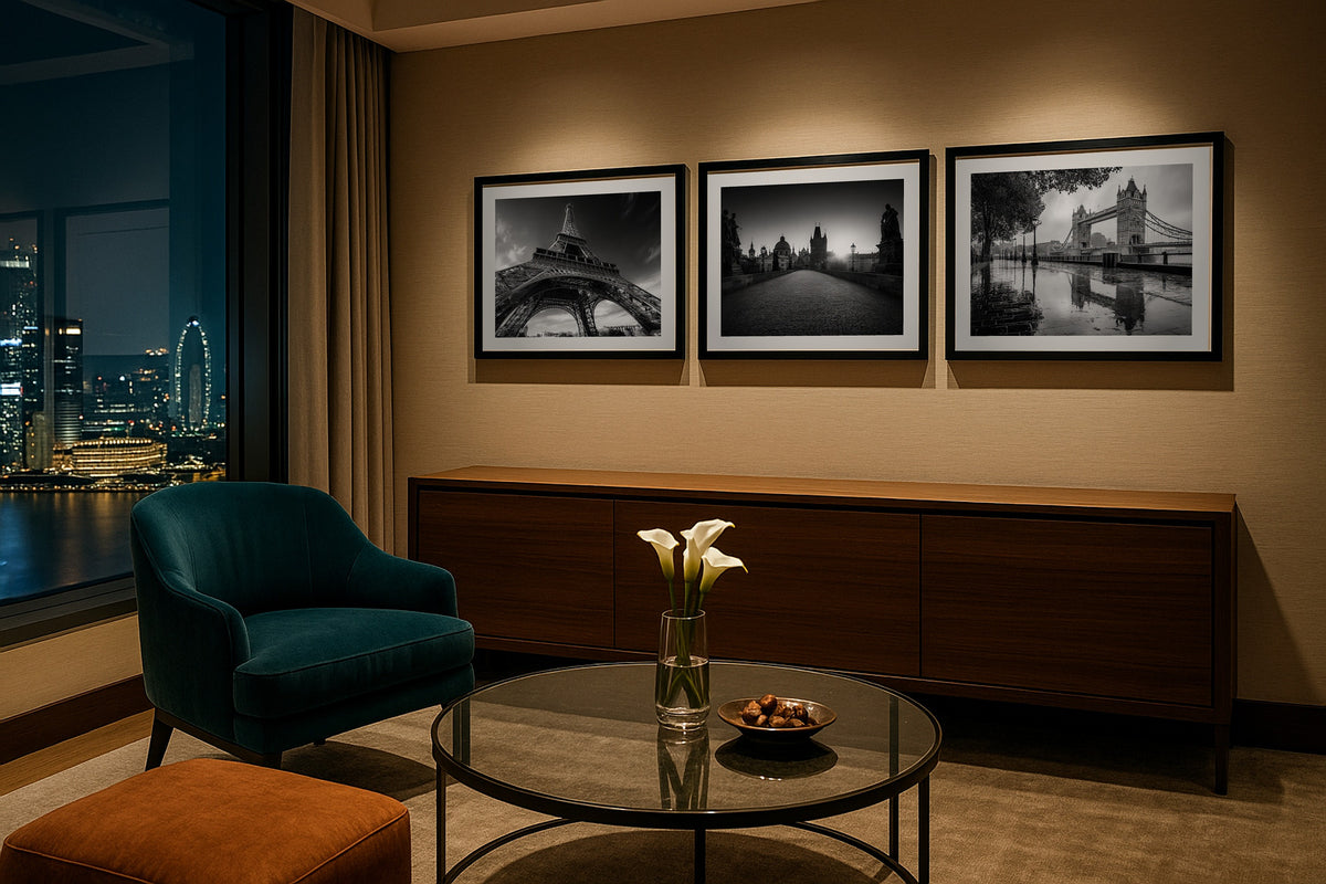 Gallery wall set of three black and white city prints: Eiffel Tower, Charles Bridge and Tower Bridge