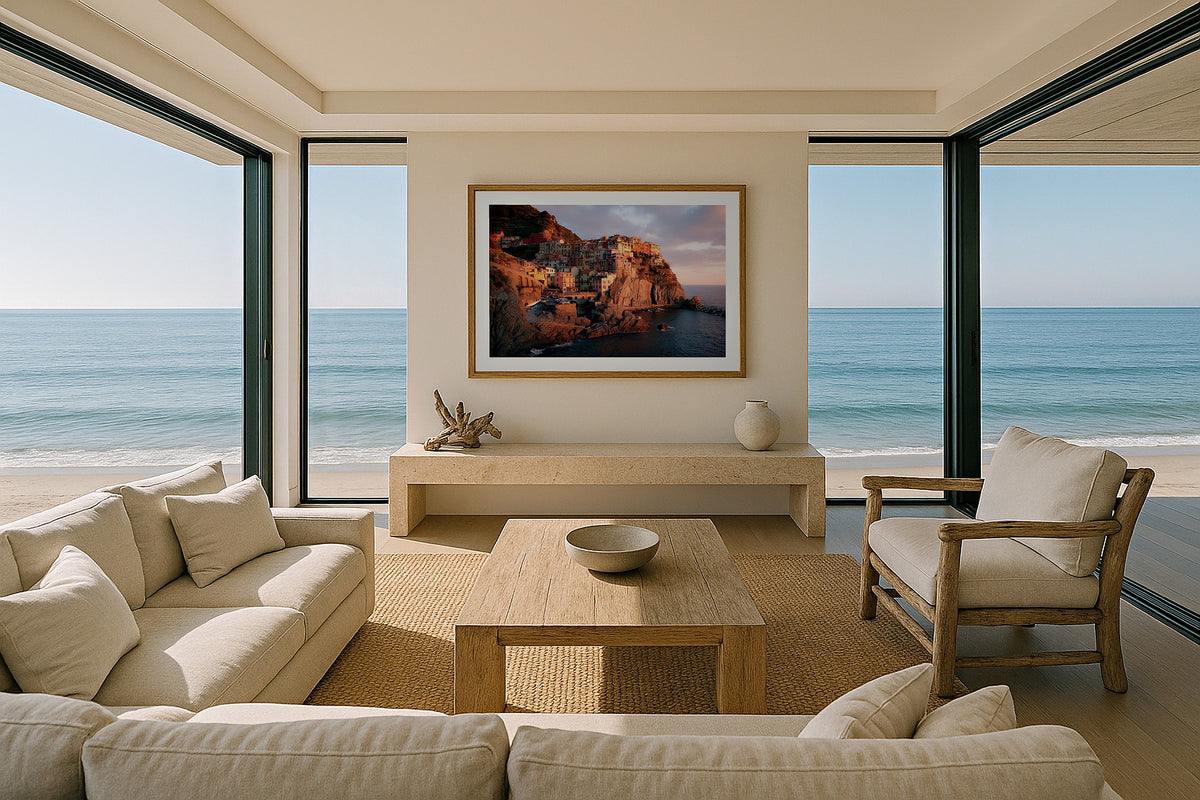 Manarola, Cinque Terre framed print in a sunlit beach-house living room