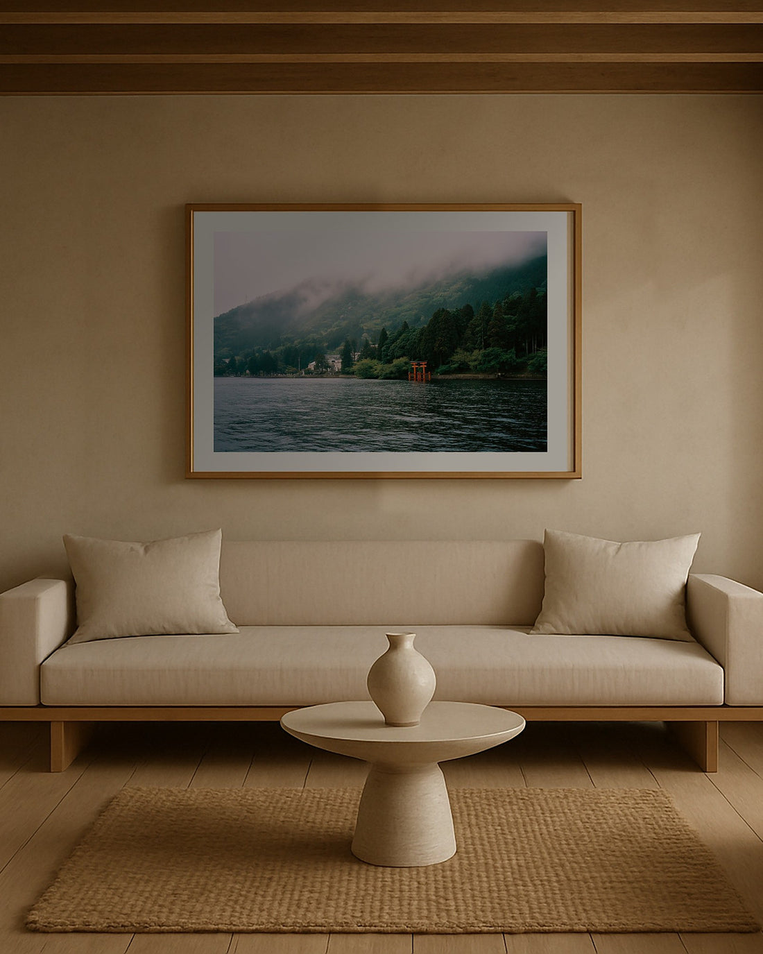 Japan wall art: Hakone Torii in Mist framed above a sofa