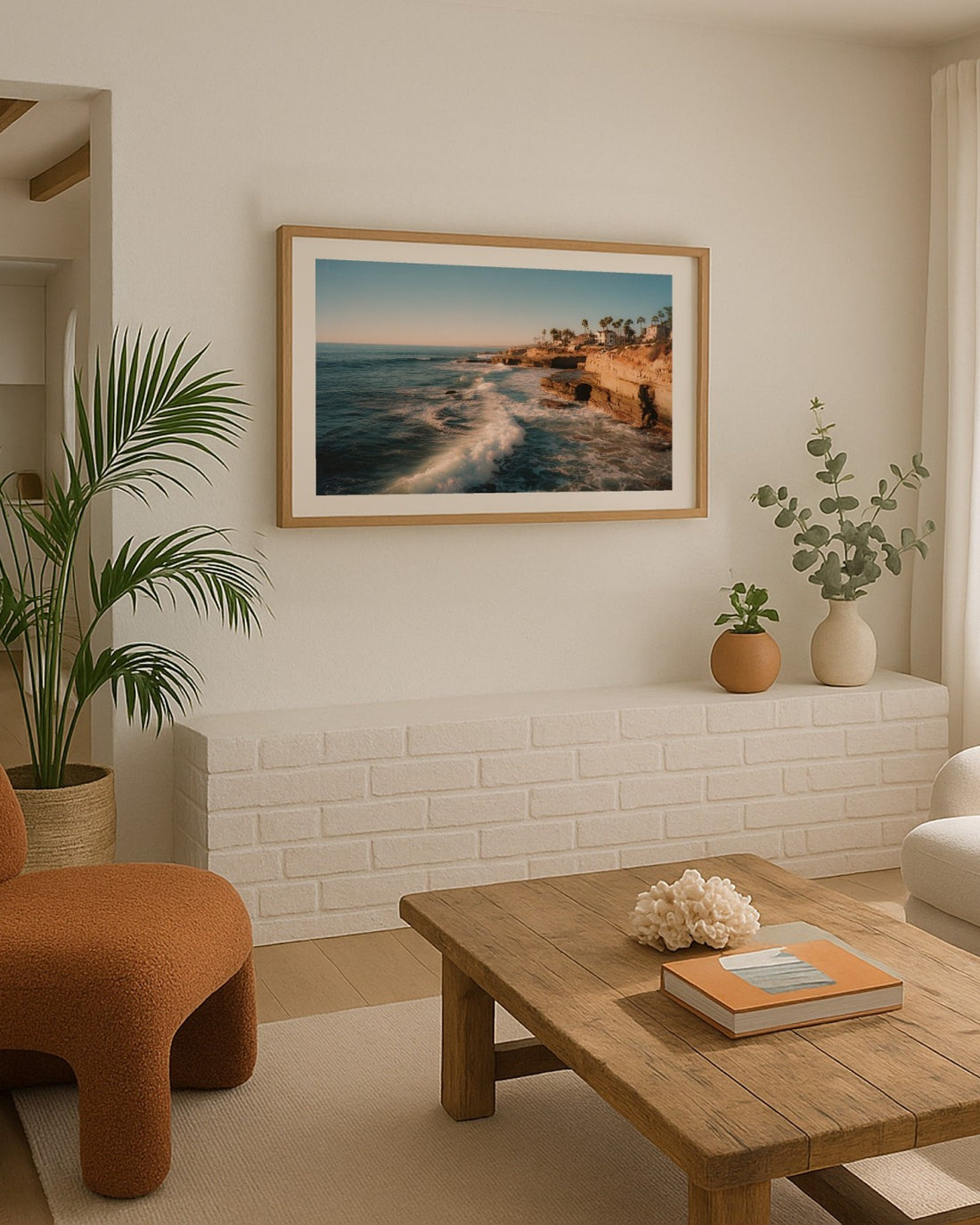USA wall art: San Diego Cliffs at Sunset framed in a coastal living room