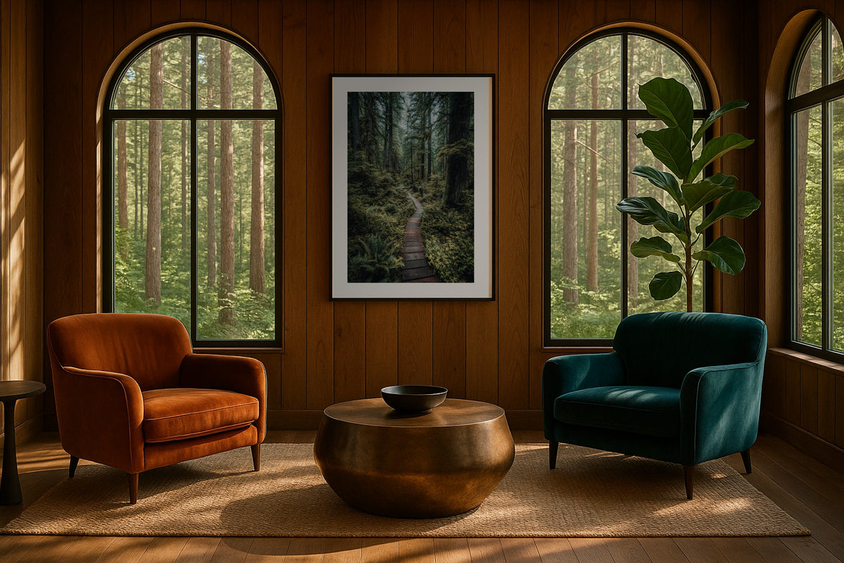 Rainforest Boardwalk wall art print, framed with a white border, in a forest arched windows