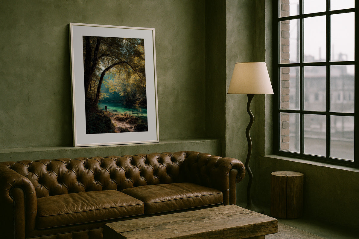 Enchanted Forest River wall art print, framed with a white border, in a jungle veranda