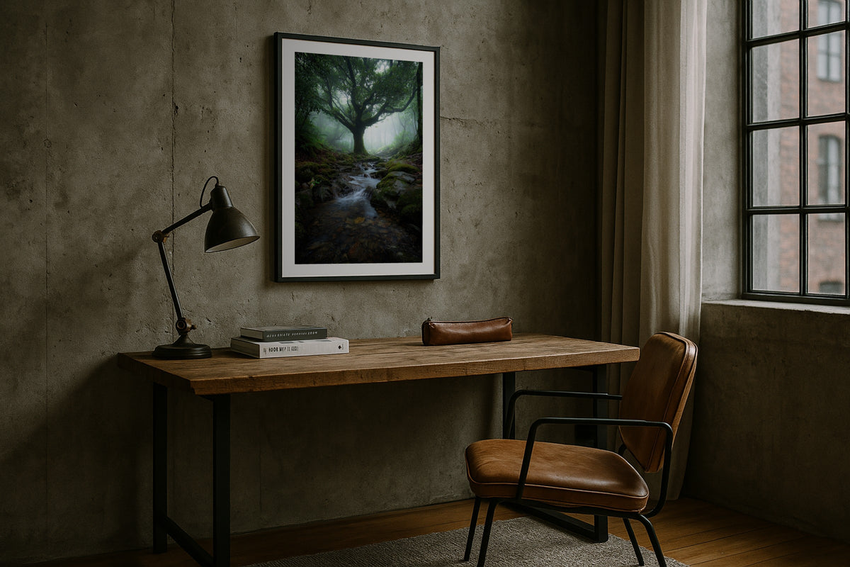 Enchanted Forest Stream wall art print, framed with a white border, in a bedside window light