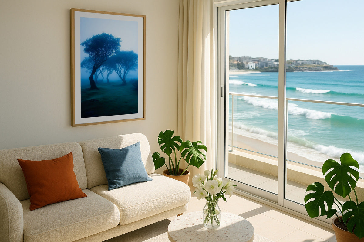 Fanal Forest wall art print, framed with a white border, in a tropical sunken lounge