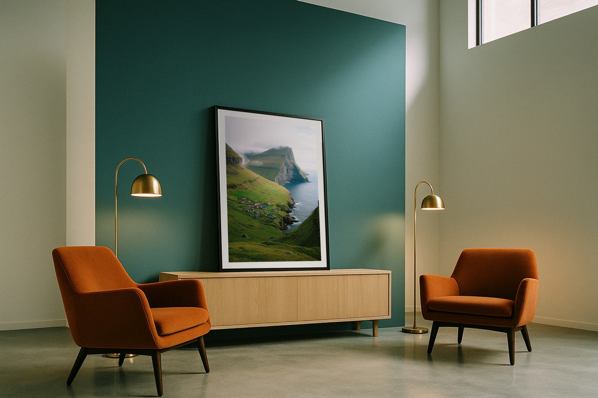 Kallur wall art print, framed with a white border, in a beach cottage curtains
