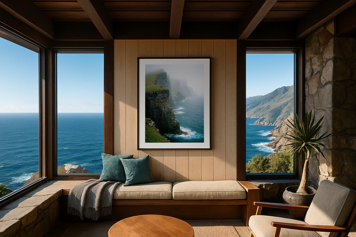 Faroe Sea Cliffs wall art print, framed with a white border, in a coastal cliff wood panel