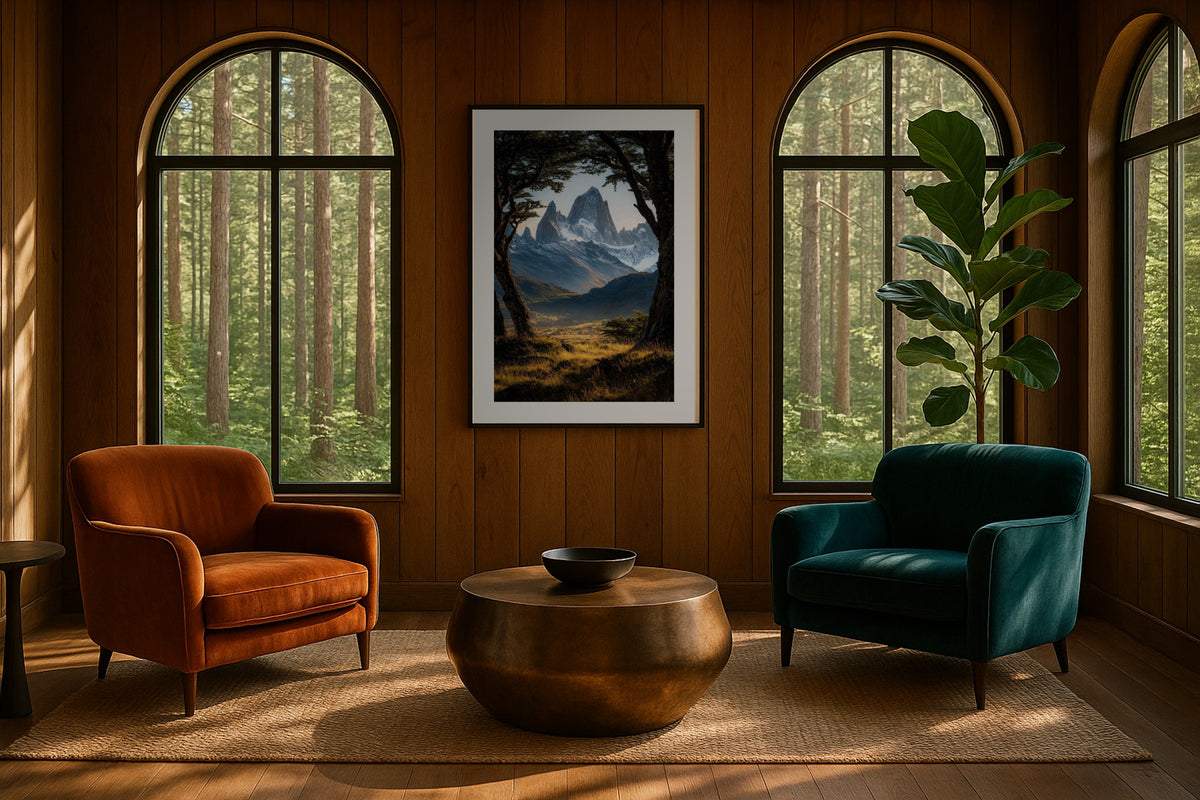 Fitz Roy Through Lenga wall art print, framed with a white border, in a forest arched windows