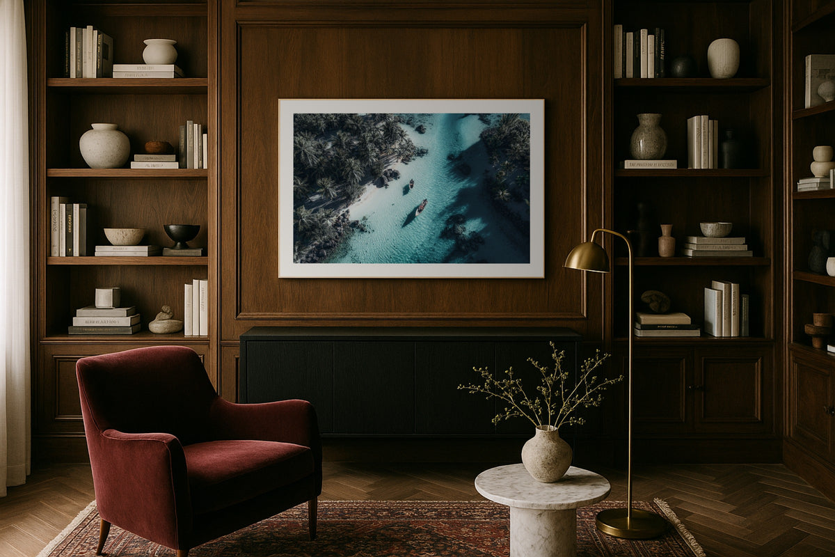 Polynesian Lagoon wall art print, framed with a white border, in a dune beach arched window