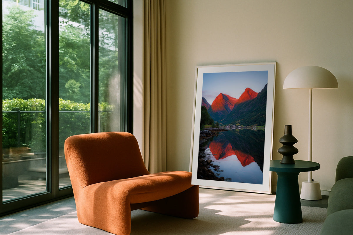 Geirangerfjord in Red wall art print, framed with a white border, in a terrazzo floor magazine