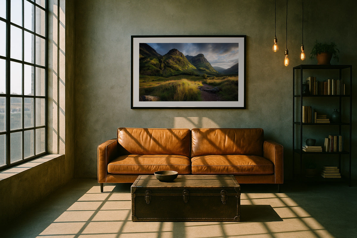 Glencoe Valley wall art print, framed with a white border, in a dark staircase entry