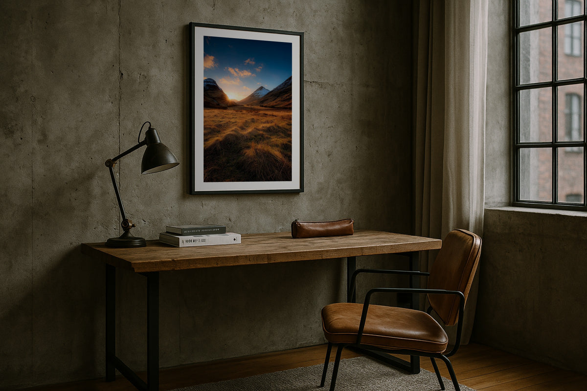 Glencoe Sunburst wall art print, framed with a white border, in a terrazzo floor magazine