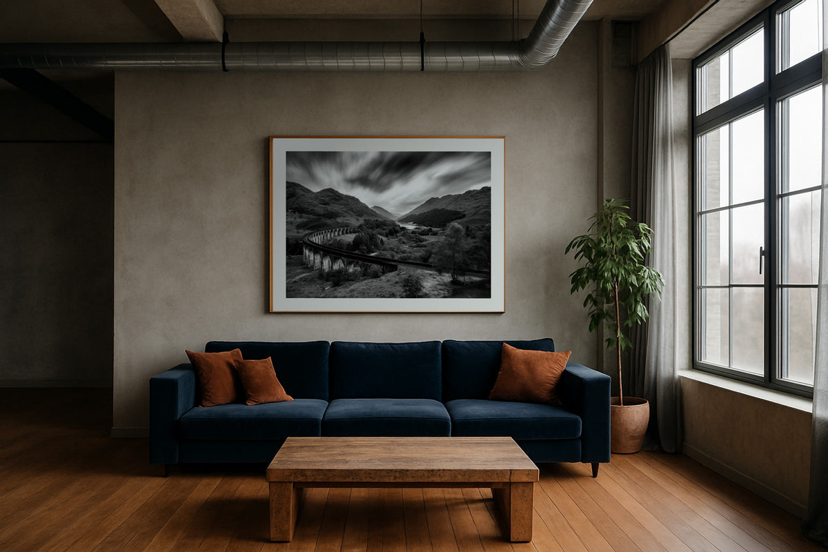 Glenfinnan Viaduct wall art print, framed with a white border, in a NYC Empire State bedroom