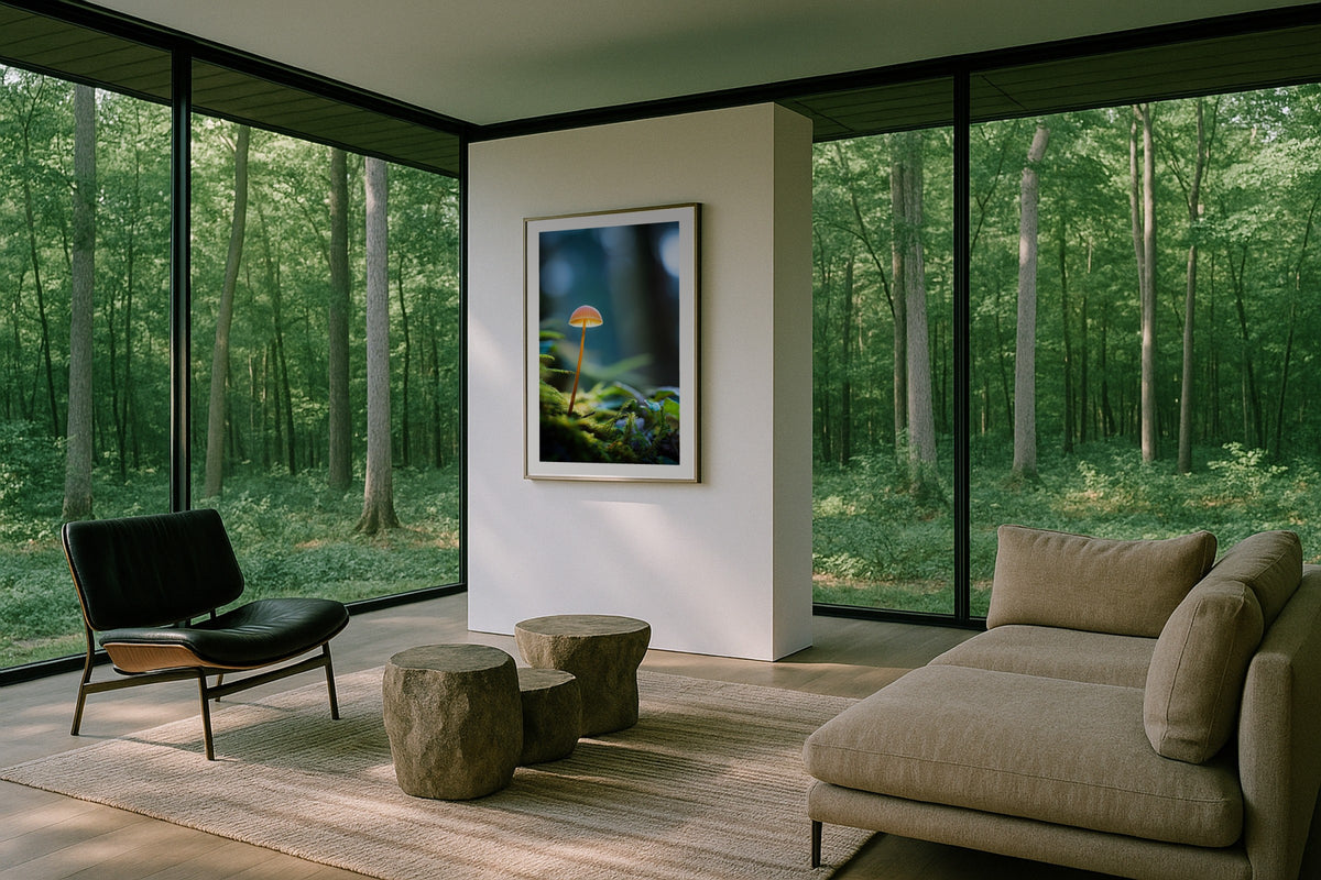 Forest Mushroom wall art print, framed with a white border, in a jungle veranda