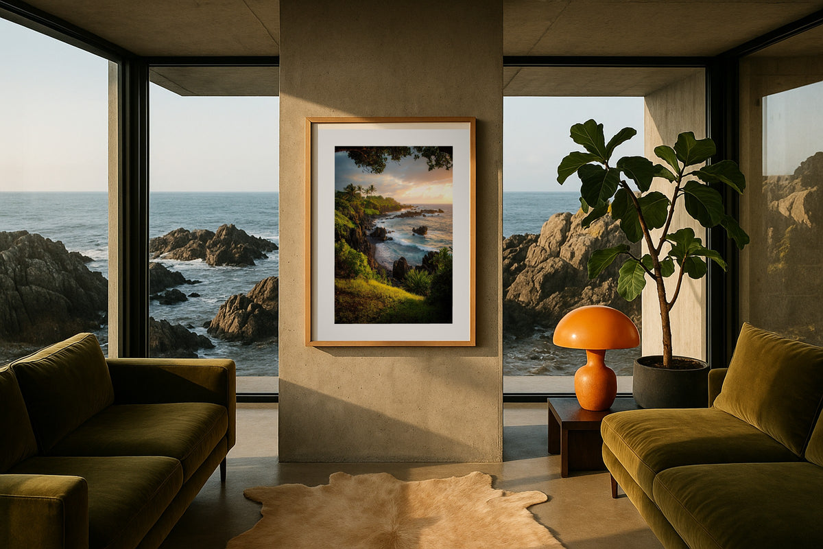 Cliffs of Hana, Maui wall art print, framed with a white border, in a Santorini domes