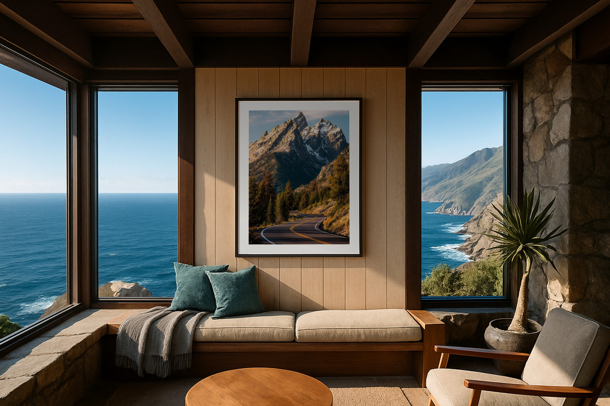 Teton Road in Autumn wall art print, framed with a white border, in a lake fjord view
