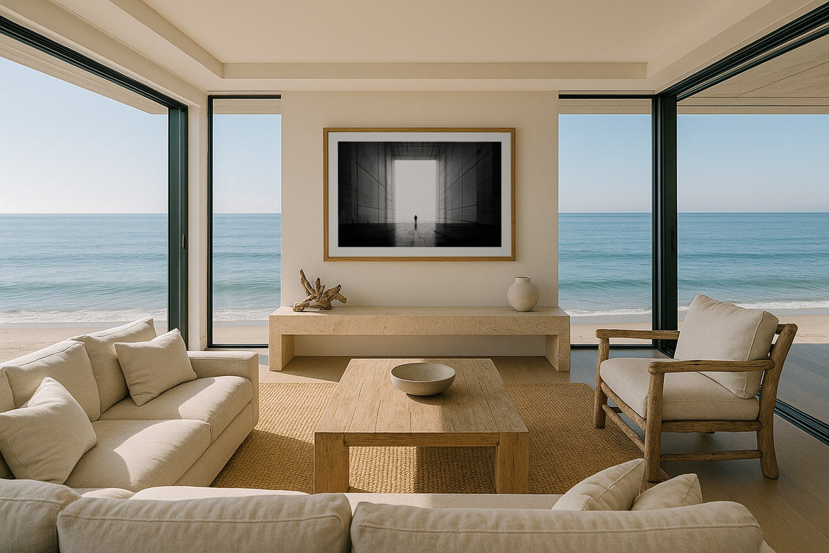 Grande Arche wall art print, framed with a white border, in a Paris white bedroom