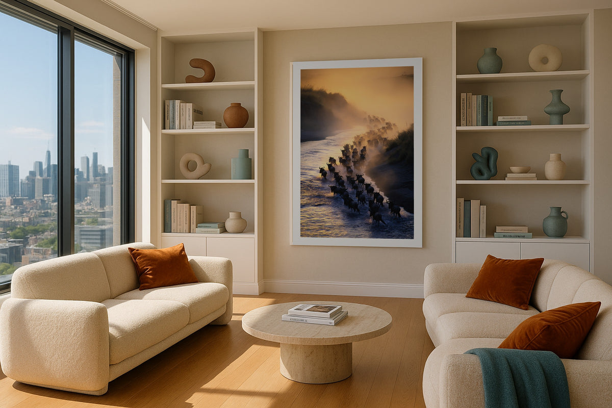 The Great Migration wall art print, framed with a white border, in a olive sofa garden doors