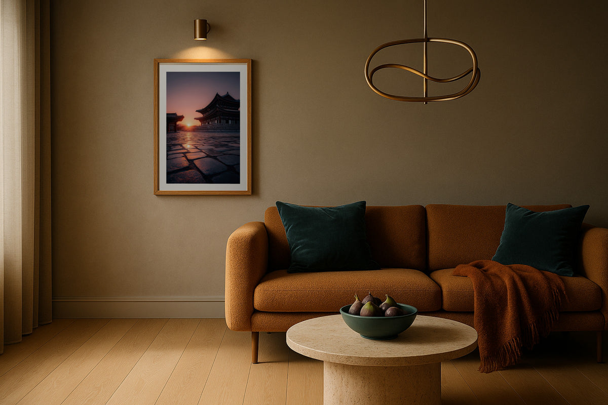 Gyeongbokgung at Sunrise wall art print, framed with a white border, in a industrial navy sofa