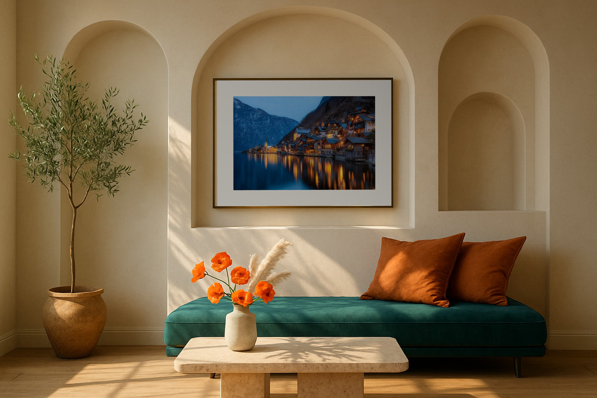 Hallstatt wall art print, framed with a white border, in a herringbone armchairs