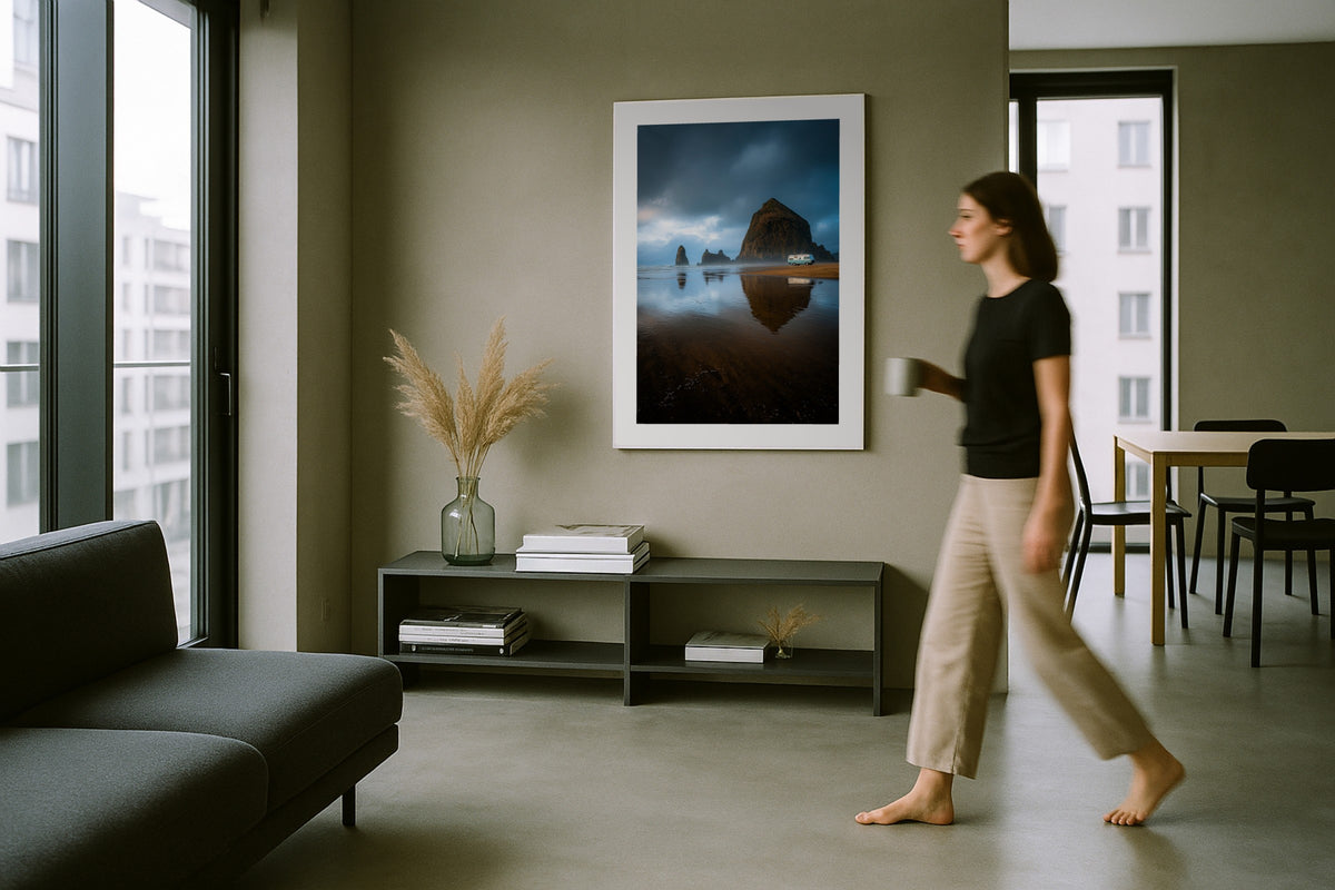 Campervan at Haystack Rock wall art print, framed with a white border, in a sea windows cream sofa