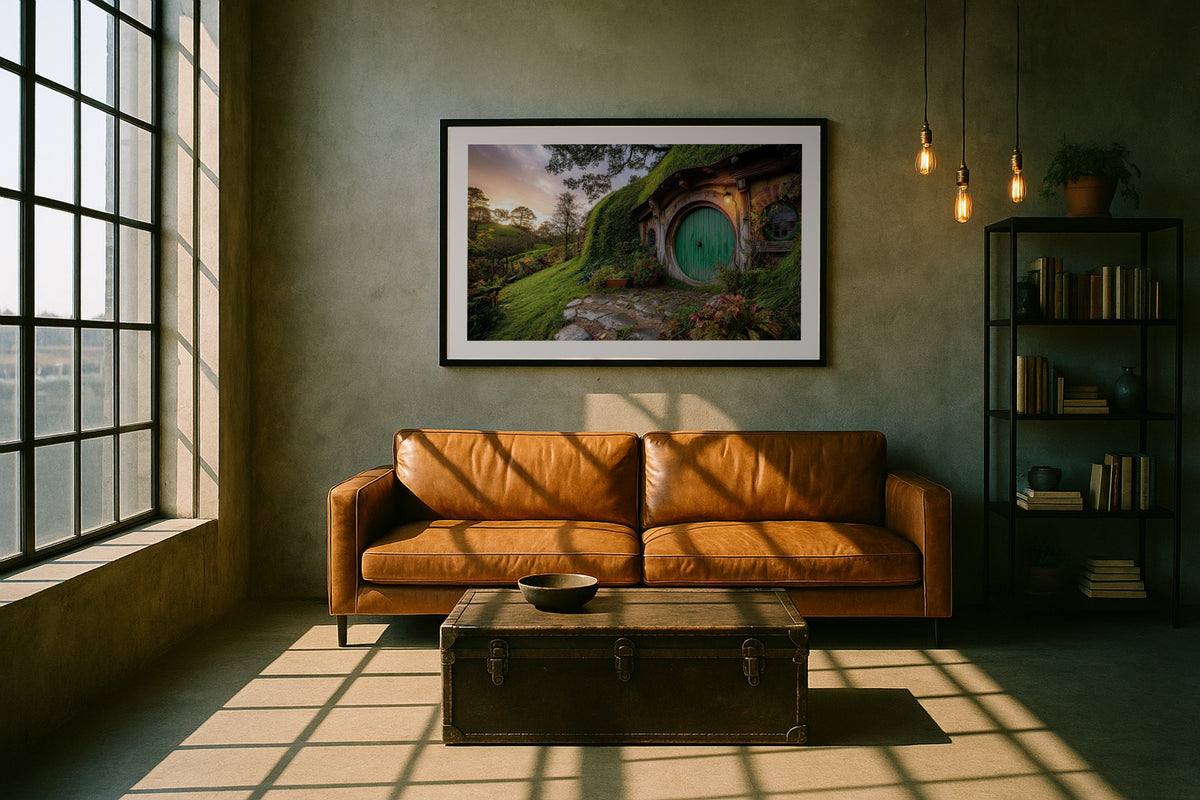 The Green Door wall art print, framed with a white border, in a kids bunk room