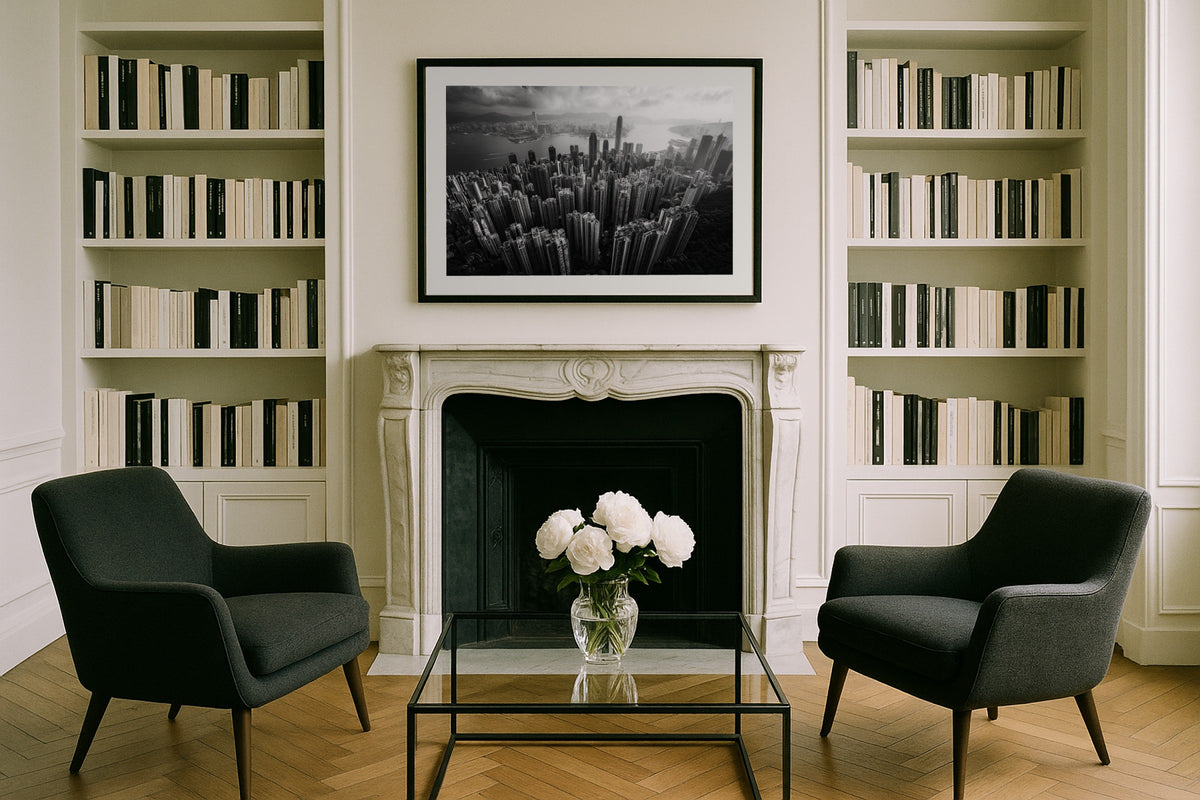 Hong Kong Skyline wall art print, framed with a white border, in a London windows fireplace