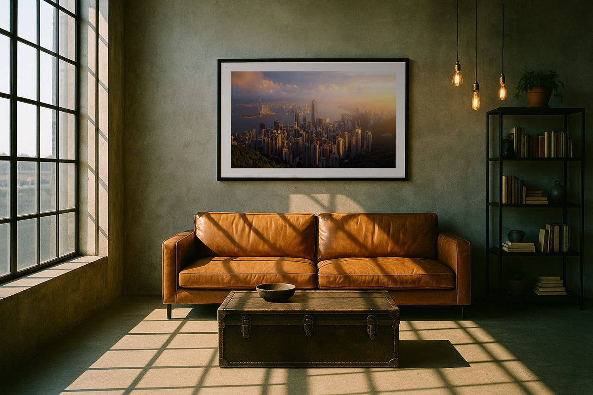 Victoria Peak wall art print, framed with a white border, in a loft leather sofa
