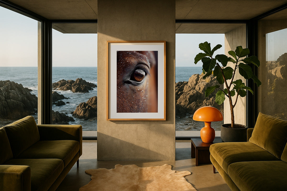 Horse in the Rain wall art print, framed with a white border, in a cream sofa fiddle leaf