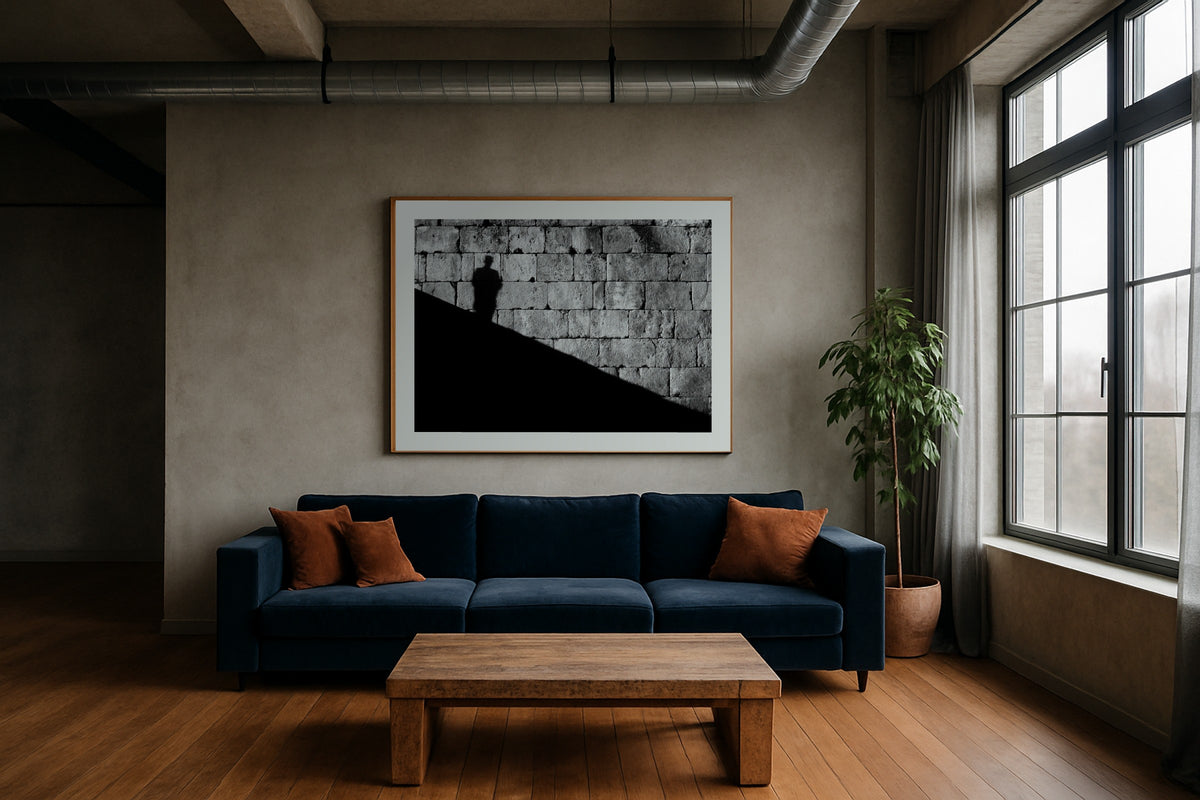 Shadow on Stone wall art print, framed with a white border, in a NYC Empire State bedroom
