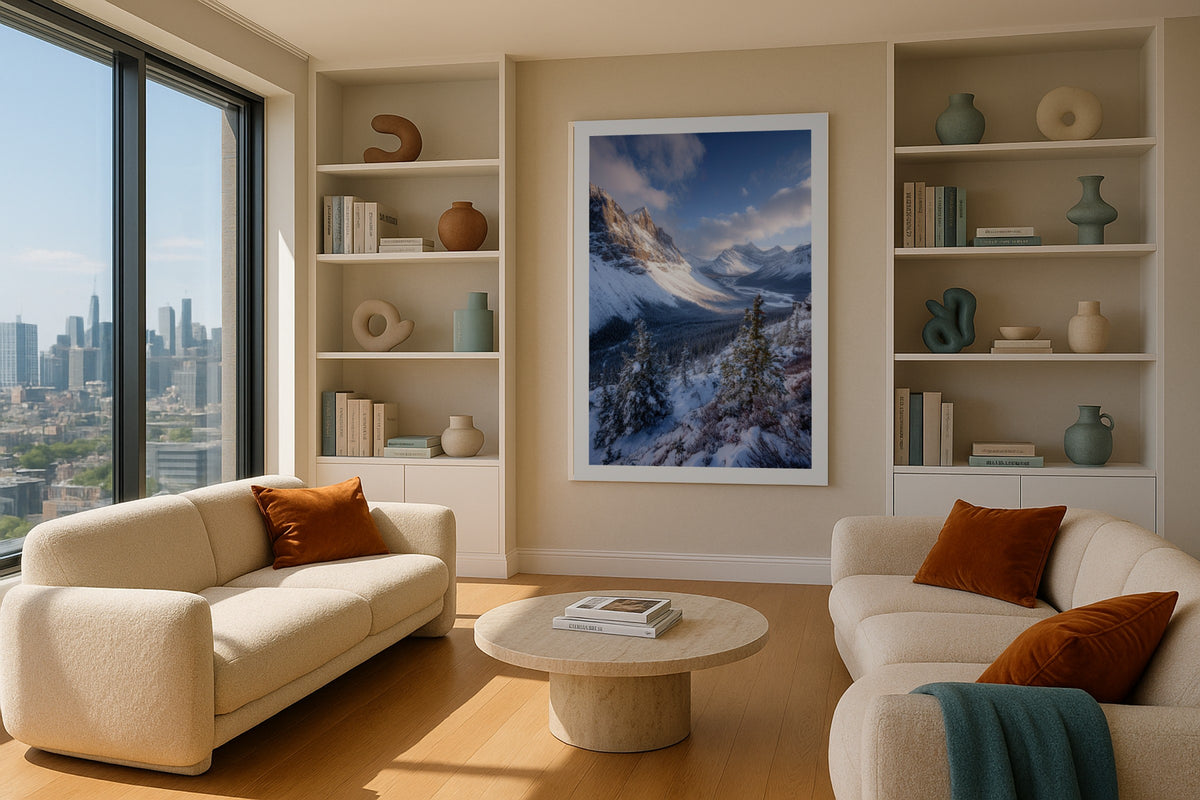 Icefields Parkway in Winter wall art print, framed with a white border, in a bedside window light