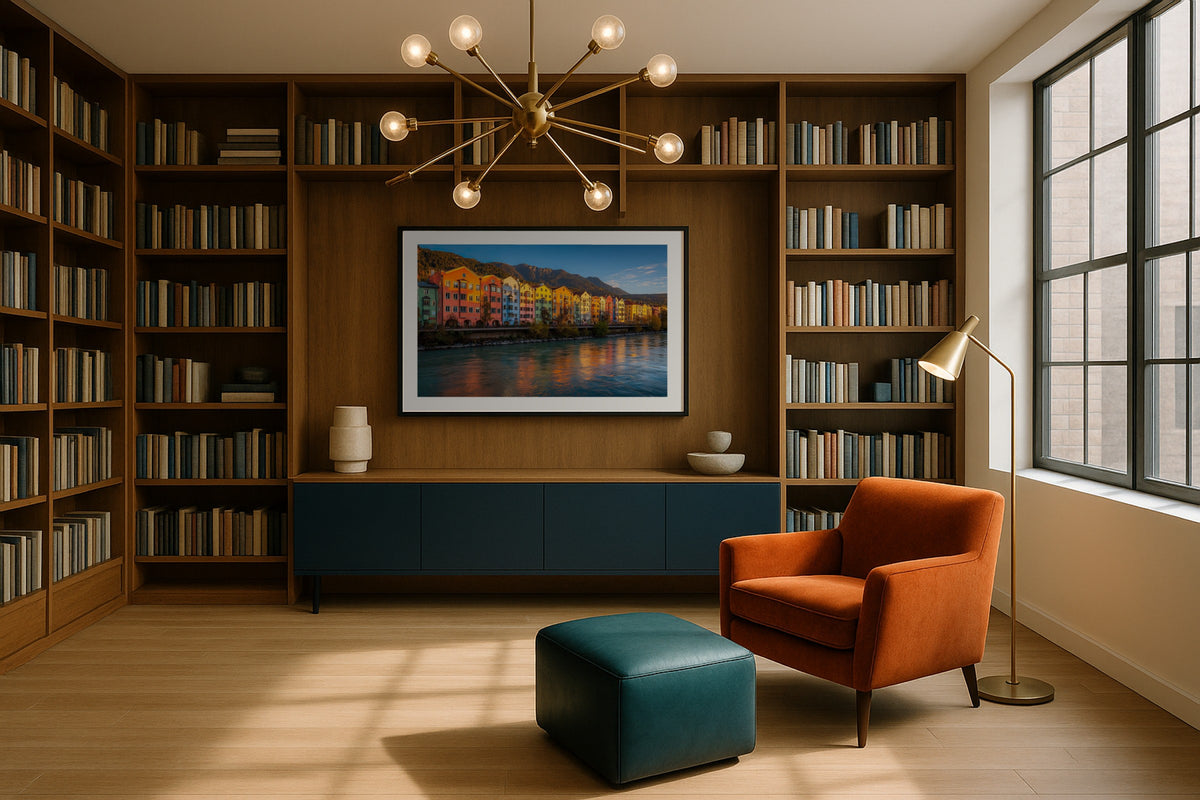 Innsbruck wall art print, framed with a white border, in a London windows fireplace