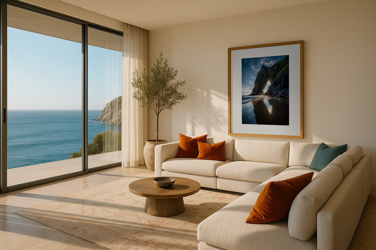 Irish Sea Arch wall art print, framed with a white border, in a cliff sea sectional